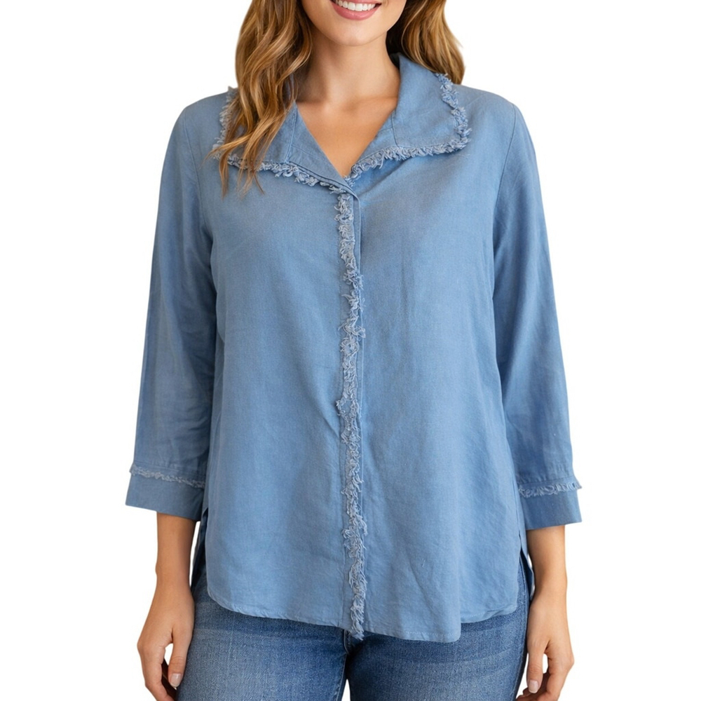 Toofan Blue Linen Button Up Frill 3/4 Sleeve Oversized S